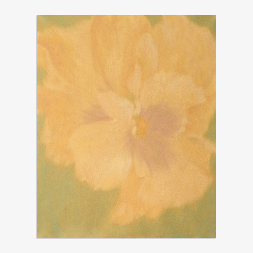 Abstract painting by Jihyeon Park titled Sage Drift featuring a large yellow blossom on a light green background