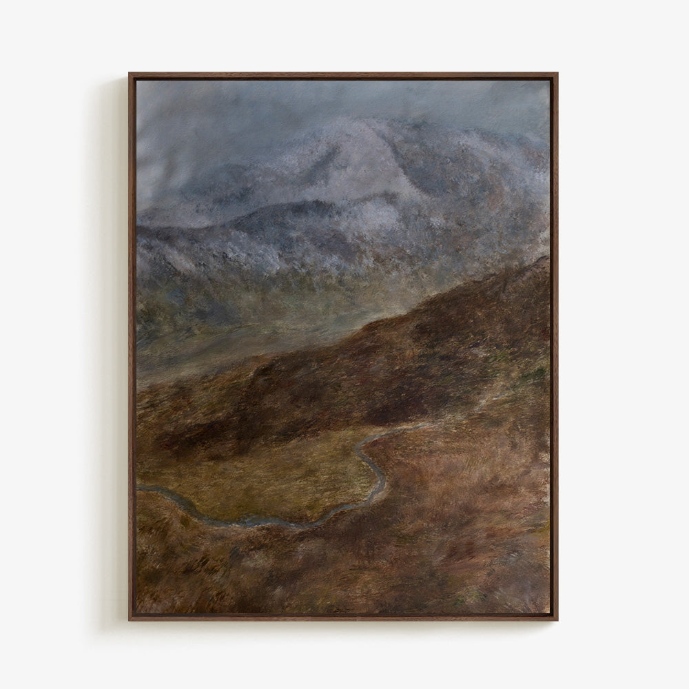 Scottish Highlands 01 painting dark grey brown and green hills with a cloudy sky in a dark brown wooden frame