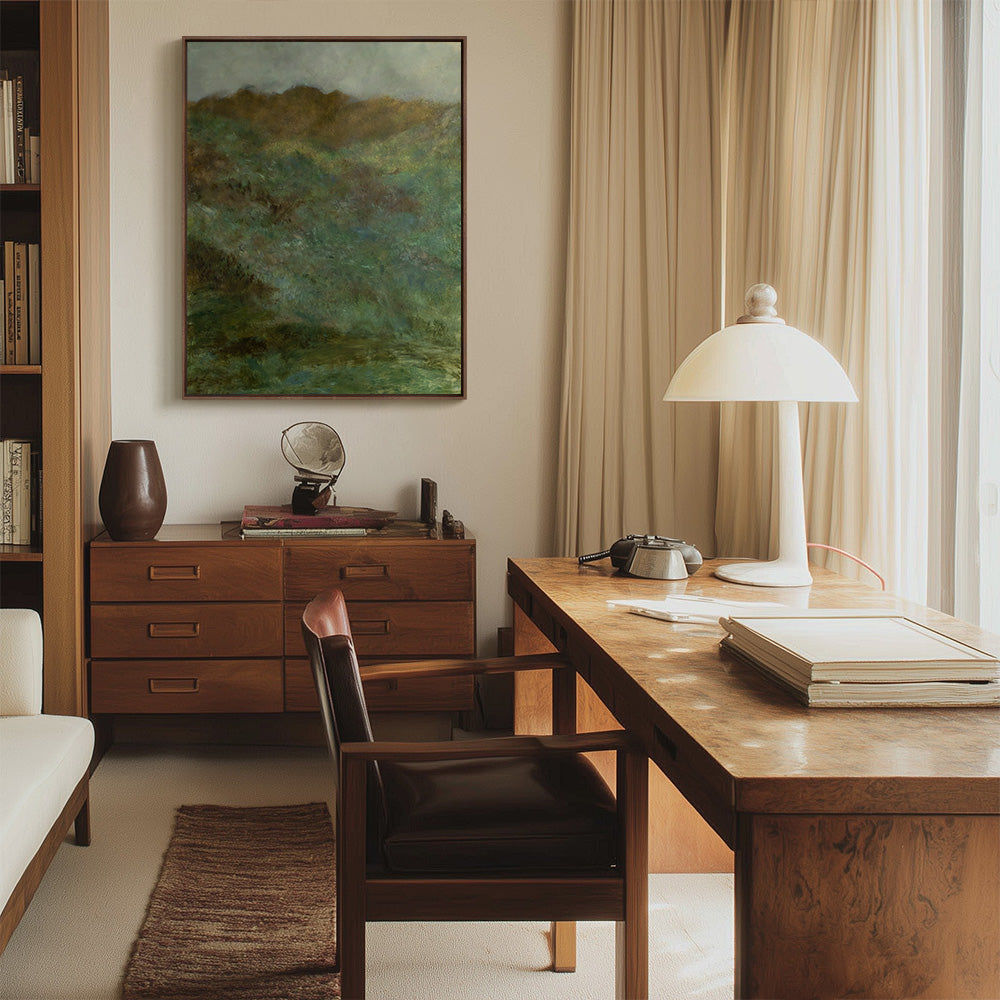 Abstract painting Scottish Highlands 02 in a dark brown frame hanging above a wooden dresser in a home office