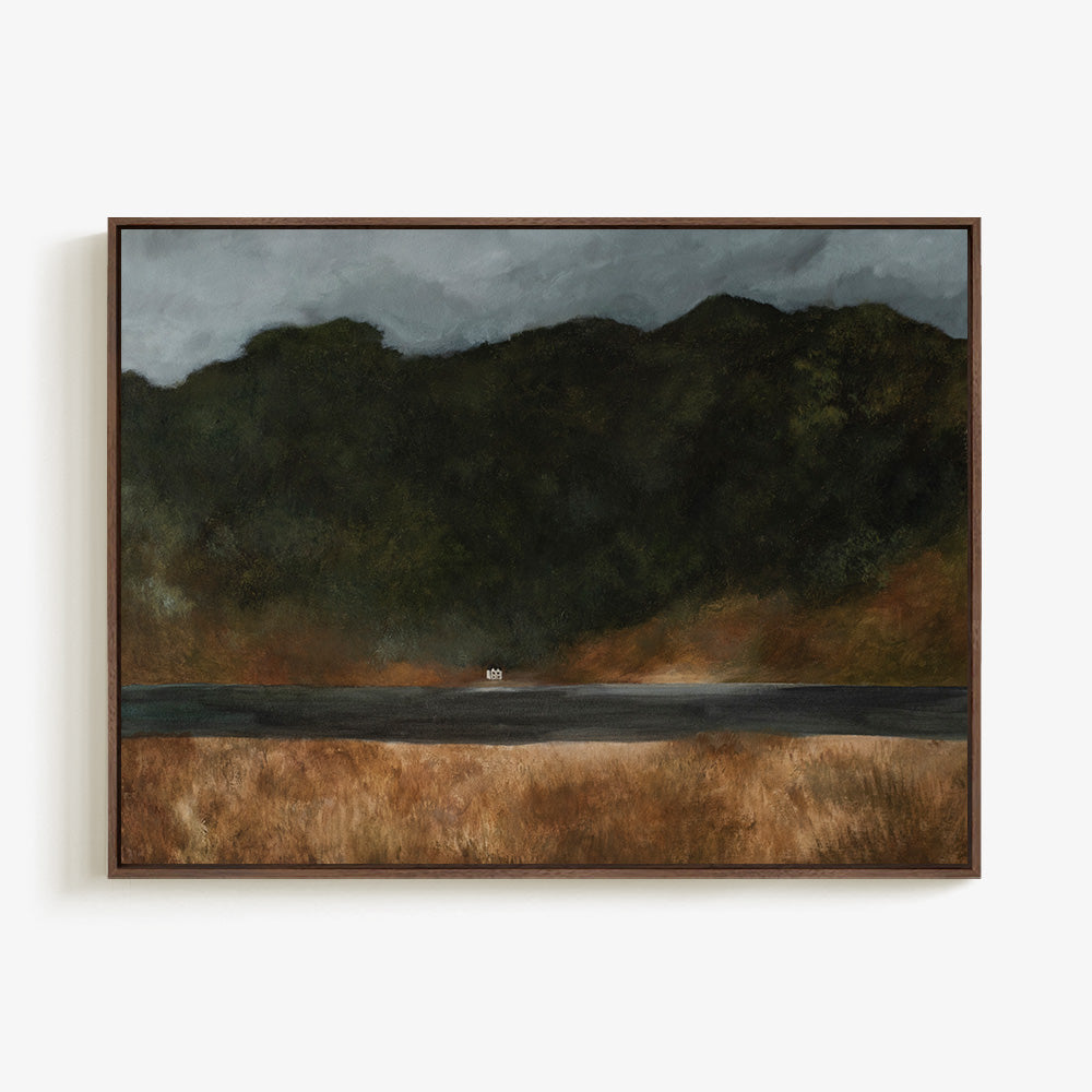 Abstract painting Scottish Highlands 03 in a dark brown frame depicting a dark forest a dark lake and a field of golden