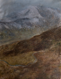 Close-up view of moody landscape painting showing brushstrokes on a path through dark brown hills