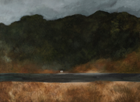 Landscape painting featuring dark moody hills under a storm sky above a strip of water and field