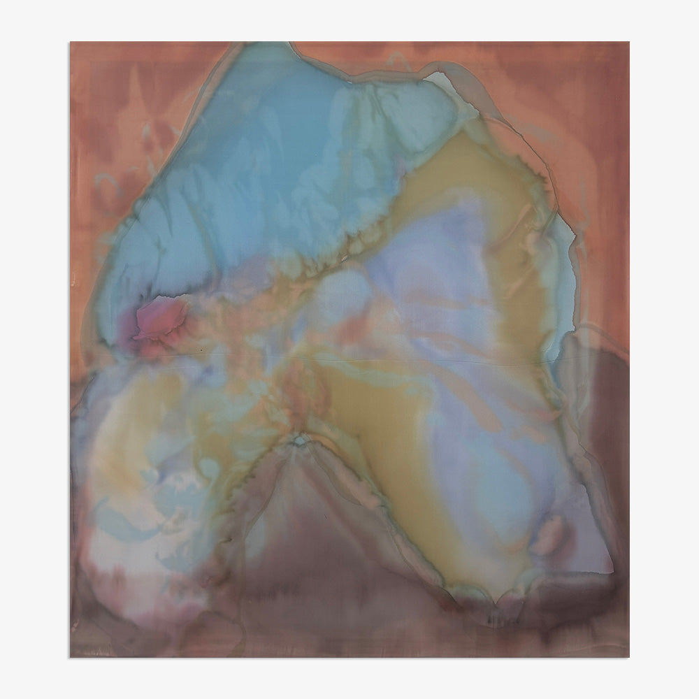 Abstract painting titled Soft Shield with soft blending colors of light blue orange brown pink and purple unframed