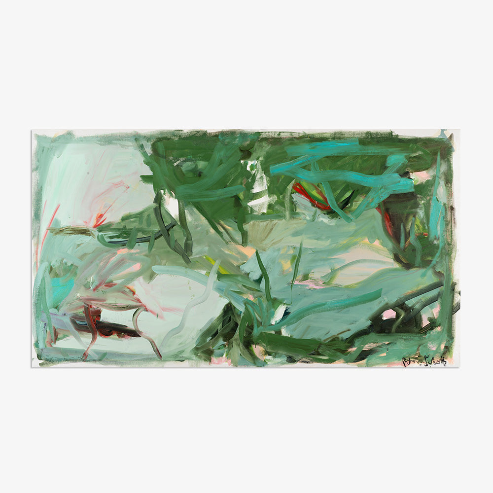 Horizontal abstract painting with energetic green and teal brushstrokes against a neutral off-white canvas