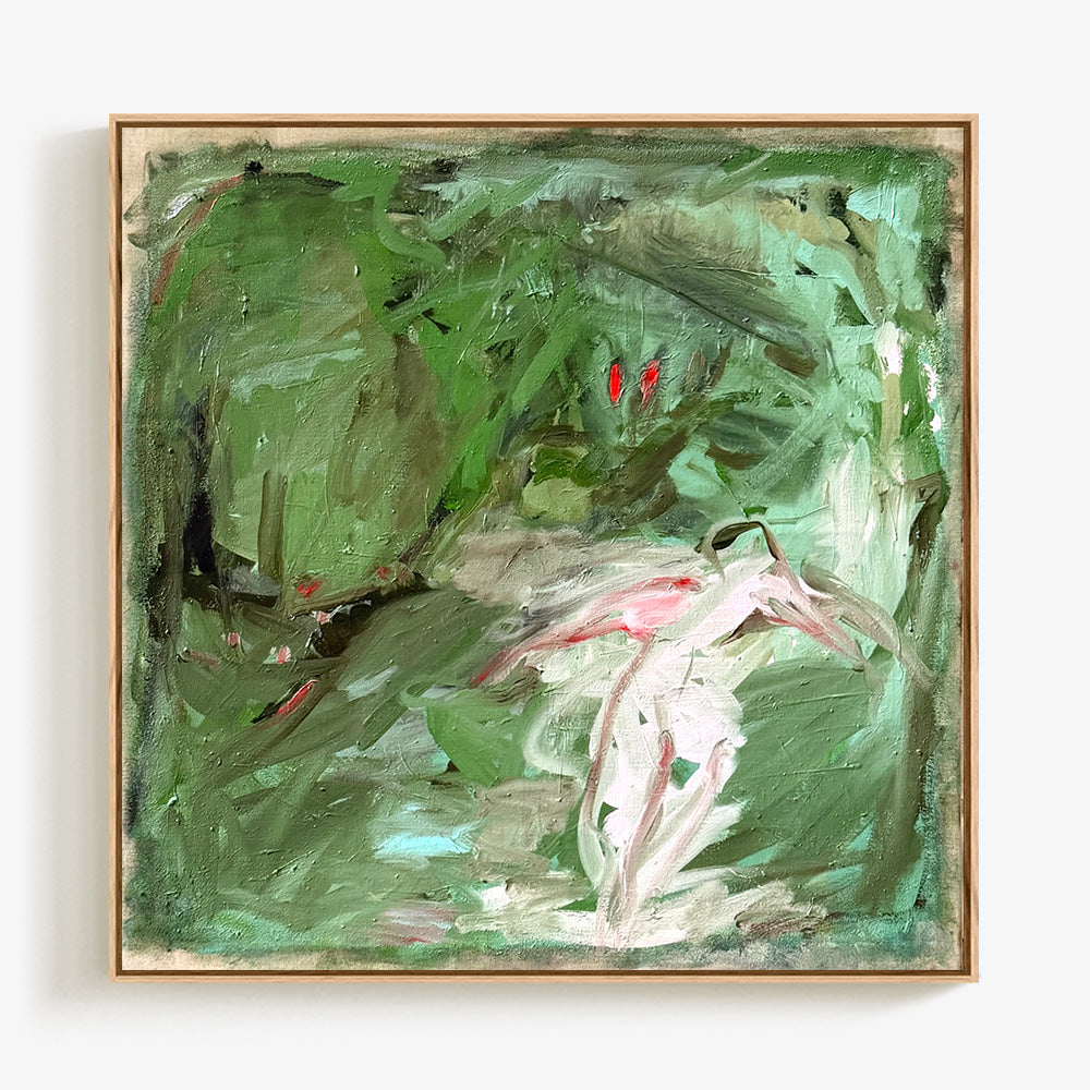 Square abstract painting by Petra Schott featuring deep green tones with hints of pink and red in a light wood frame