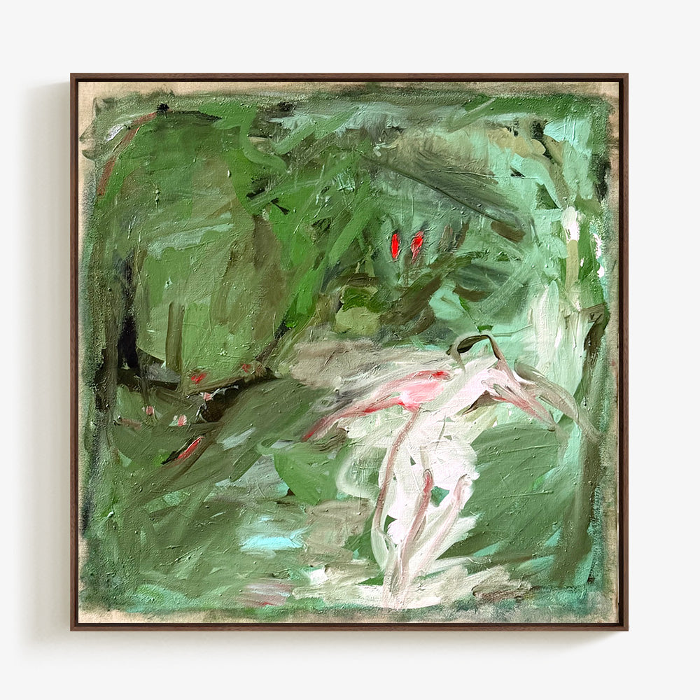 Square abstract painting by Petra Schott featuring deep green tones with hints of pink and red in a dark wood frame