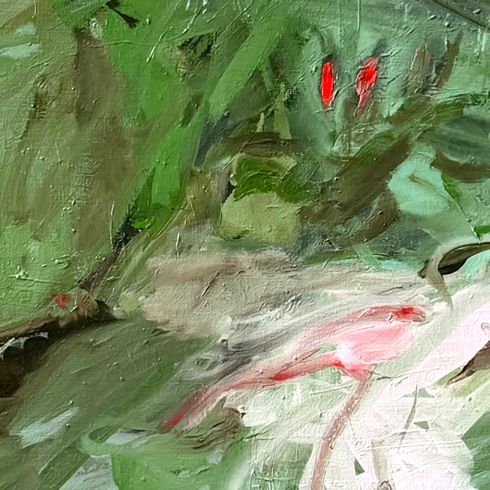 Close-up detail of an abstract painting showing thick expressive green brushstrokes with small spots of bright red
