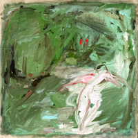 Abstract painting with organic green forms subtle pink highlights and small red marks on a textured canvas