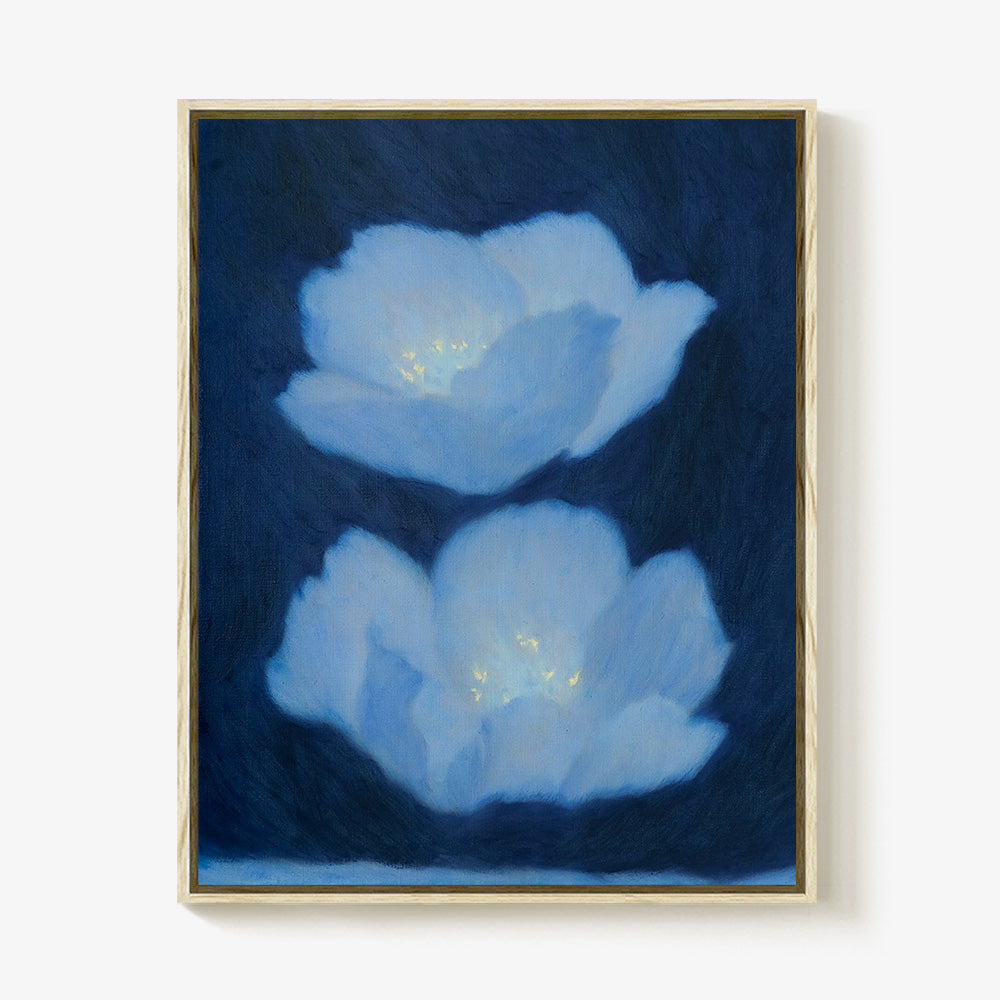 Still Life in Deep Blue painting featuring two soft blue flowers with bright centers on a deep blue background