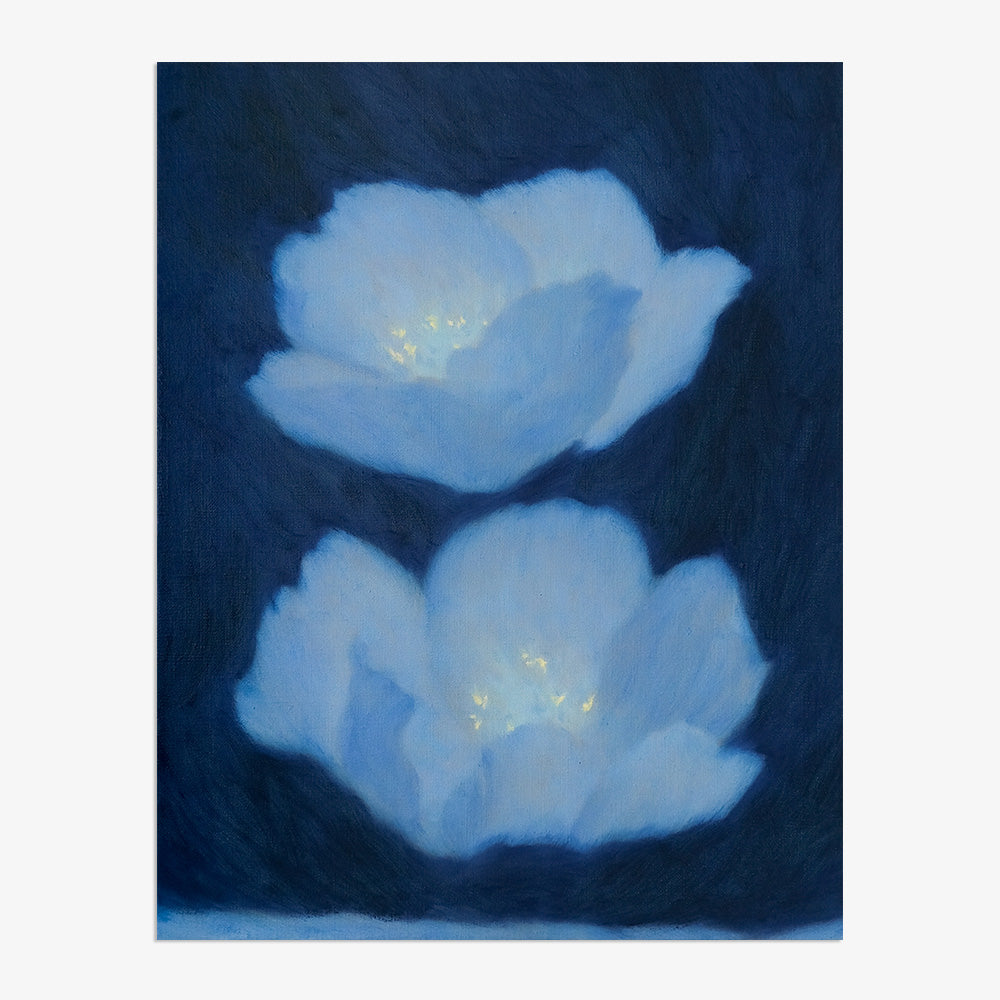 Close-up of Still Life in Deep Blue painting showing two ethereal blue flowers against a dark blue canvas