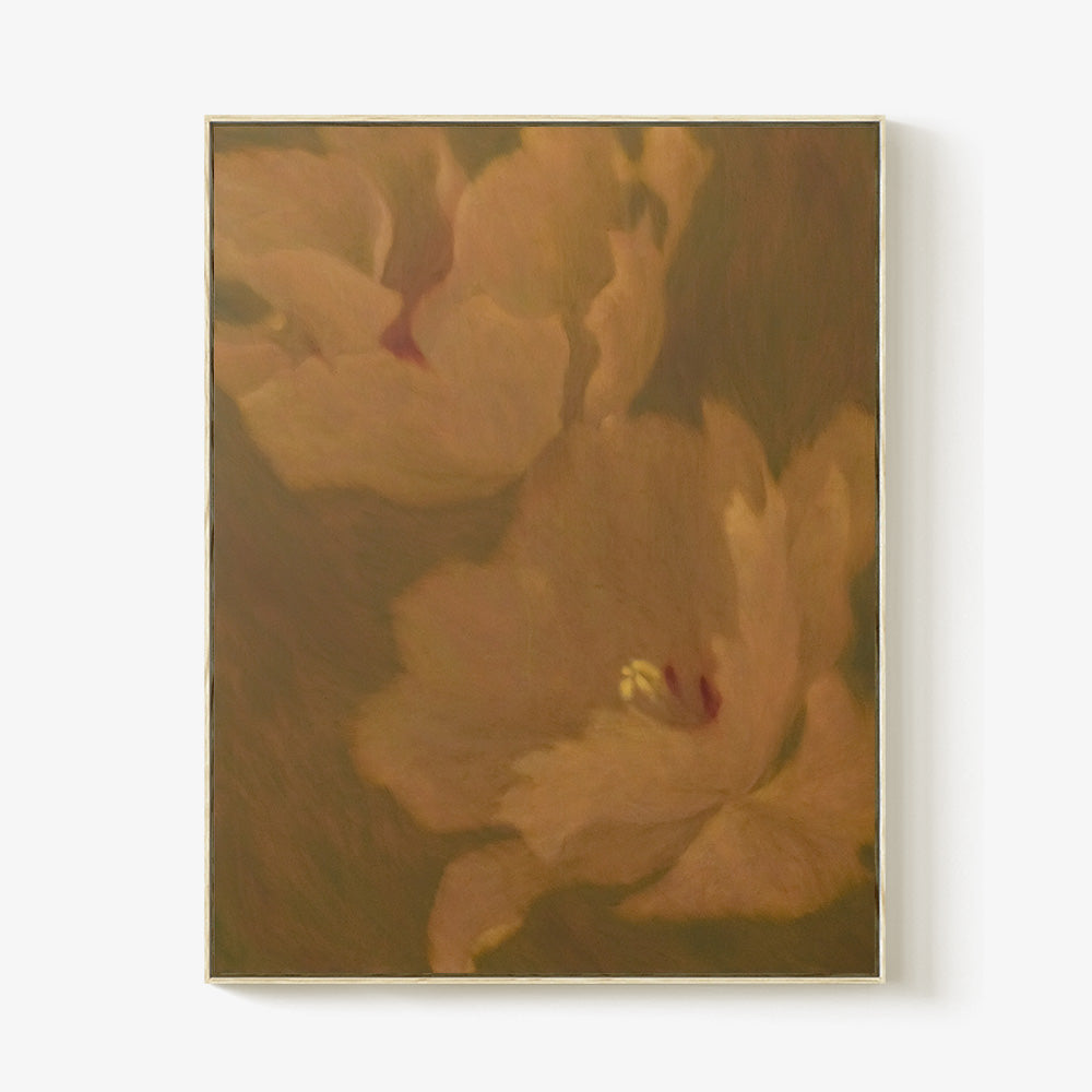Still Life in Khaki painting by Jihyeon Park in a thin wooden frame Two large abstract khaki-colored flowers