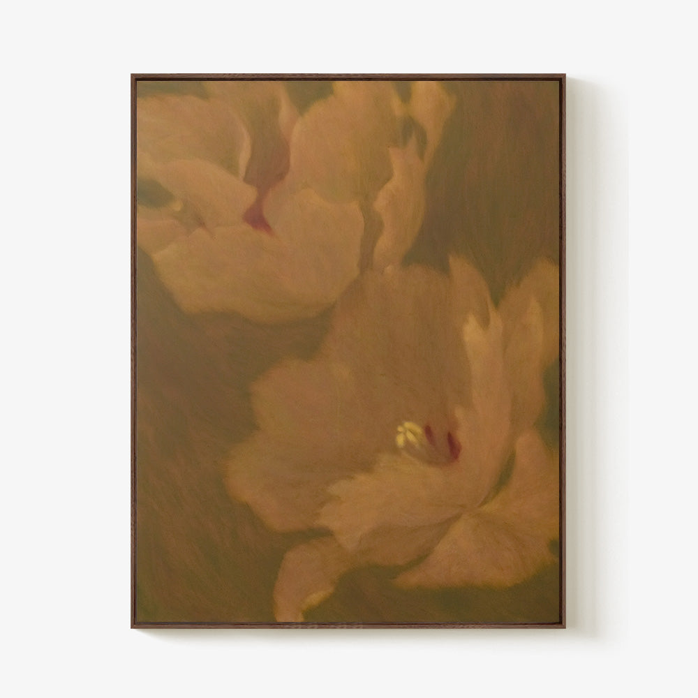 Still Life in Khaki painting by Jihyeon Park Two large abstract khaki-colored flowers on a dark background