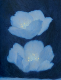 Oil painting with two ethereal light blue flowers centered against a dark blue textured background