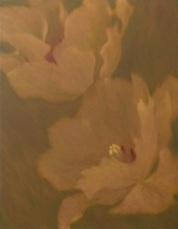 Close-up of a painting showing delicate khaki floral shapes with blurred edges