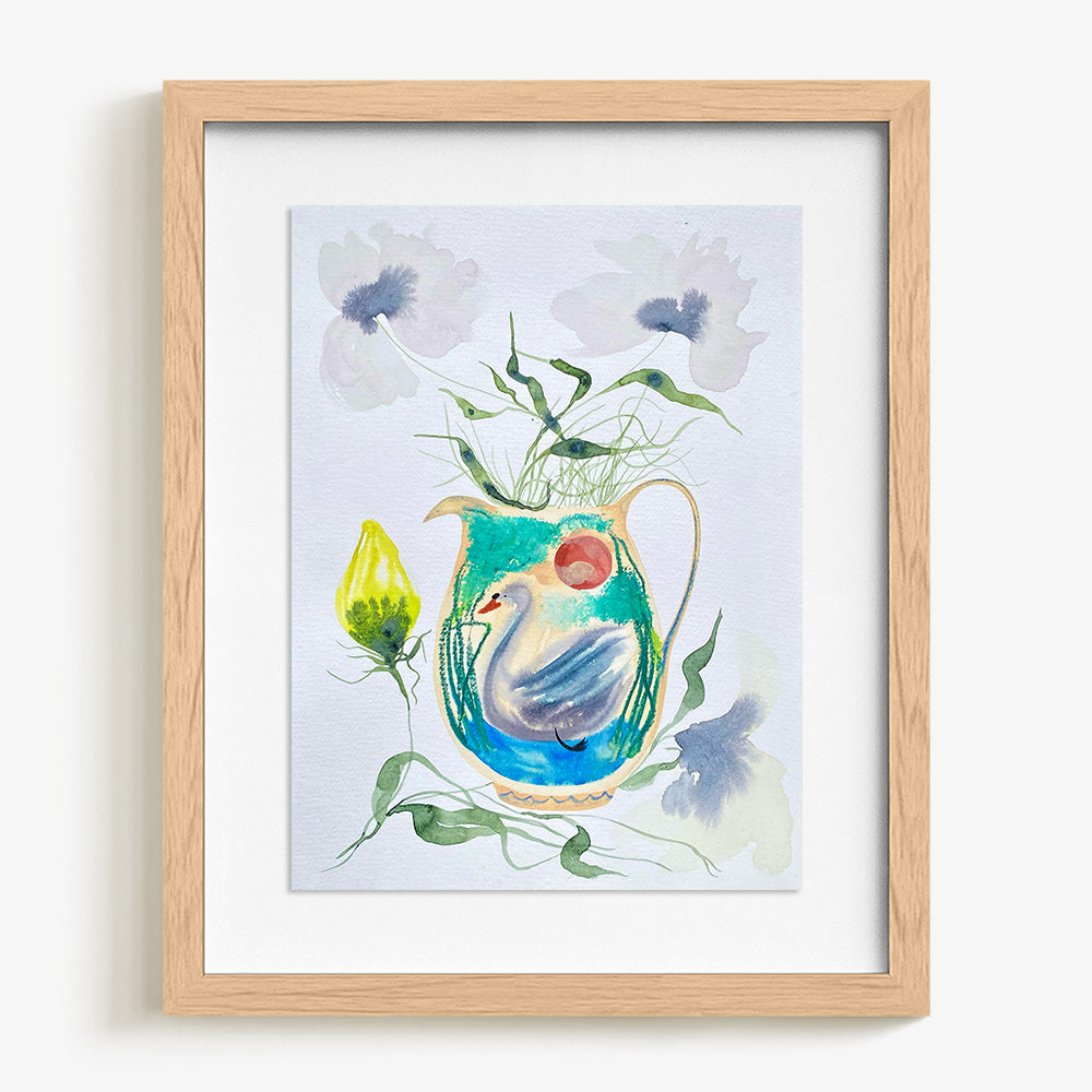 Watercolor painting Swan Song depicting a swan in a green pitcher with flowers in a light wood frame