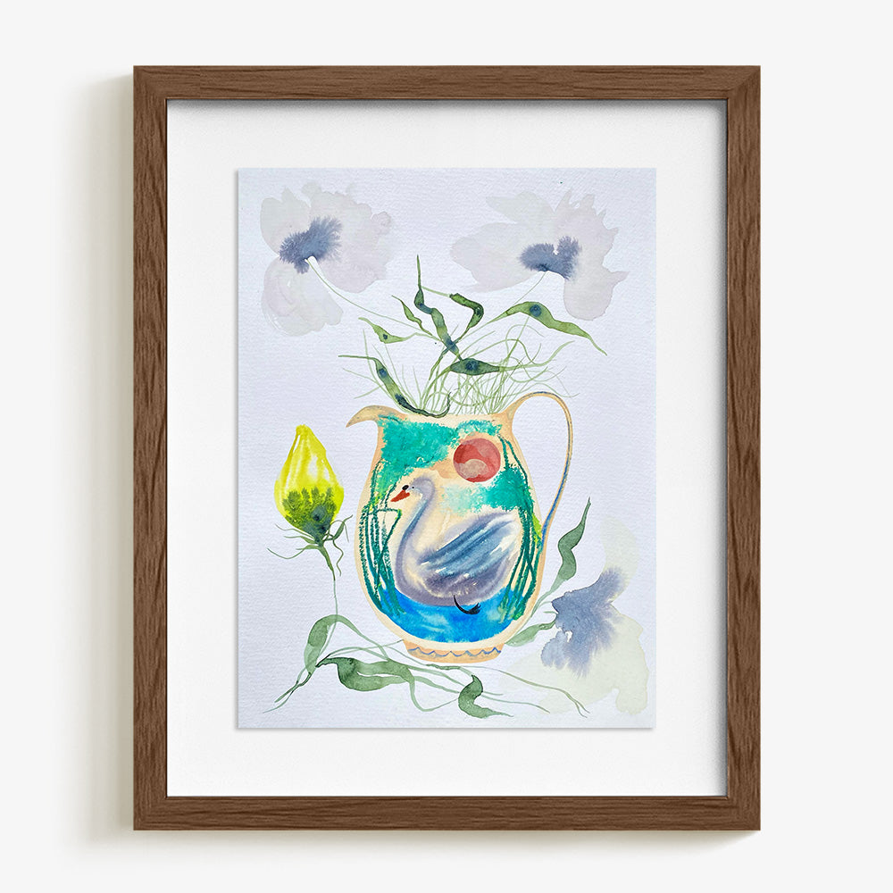 Watercolor painting Swan Song depicting a swan in a green pitcher with flowers in a brown frame