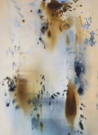 Abstract artwork on canvas with soft brown tan and blue watercolor-like ink splatters and drips