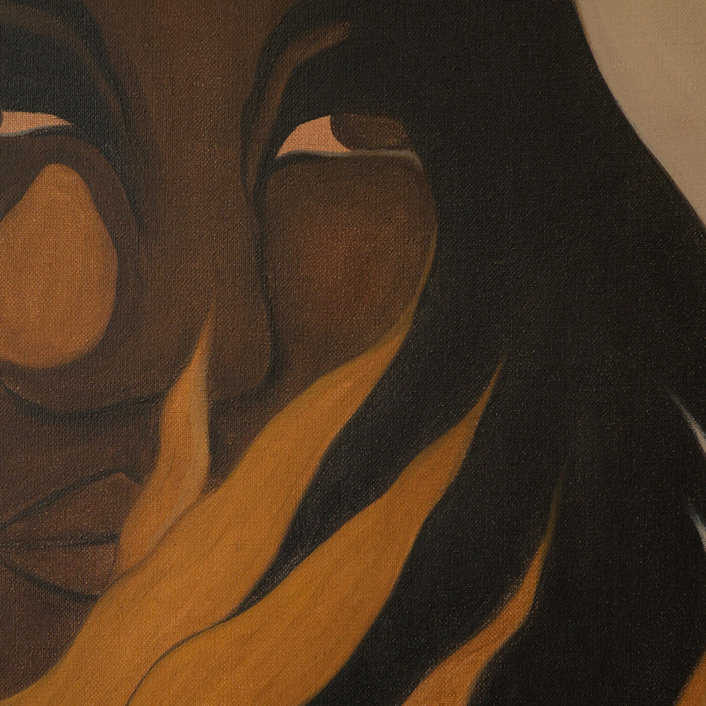 Close-up detail of a painting showing a persons face partially covered by long abstract brushstrokes of gold paint