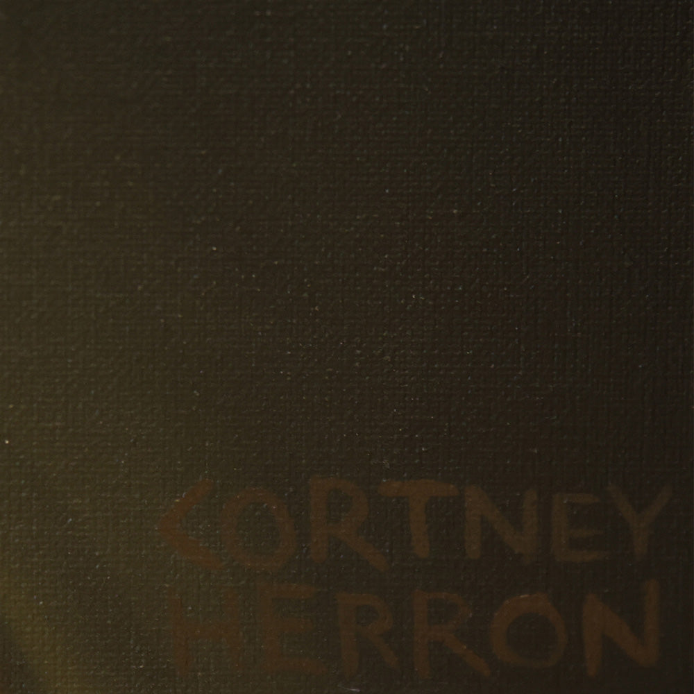 Close up of a dark brown painted canvas texture with the artist name Cortney Herron written in light brown lettering