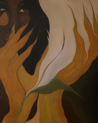 Abstract painting featuring warm earthy tones of brown and gold depicting fluid organic shapes and a subtle face