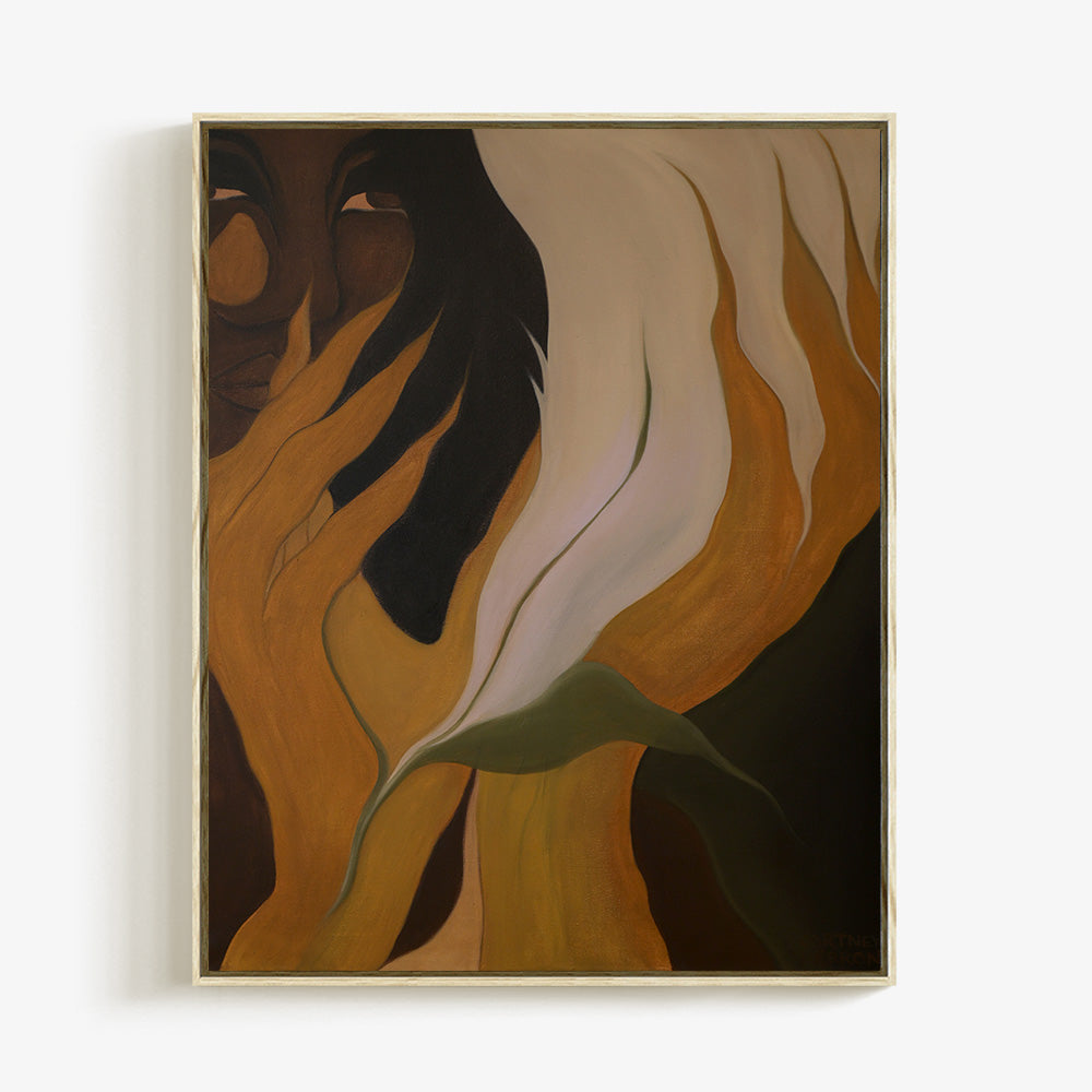 Abstract figurative painting with elongated flowing forms in brown gold and green tones inside a light wood frame