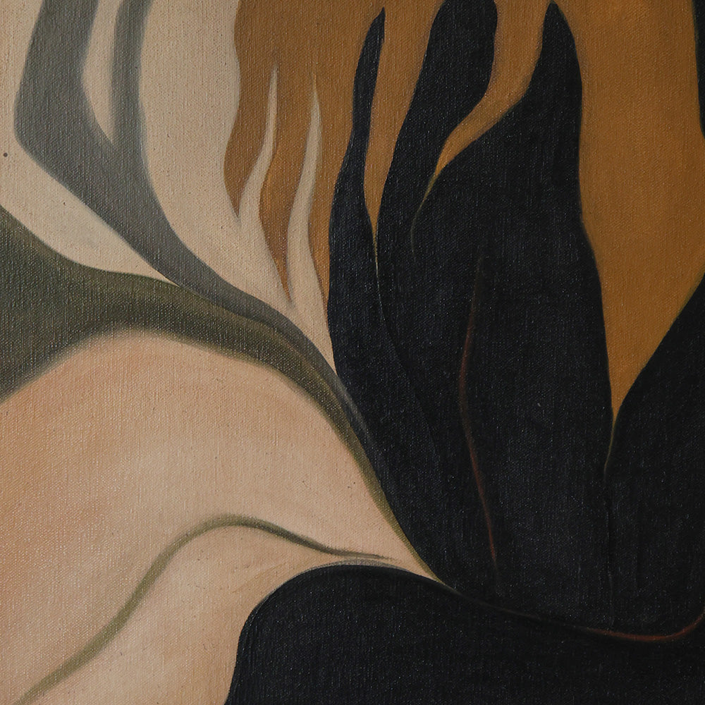 Close-up of an abstract painting with black beige and mustard yellow organic shapes