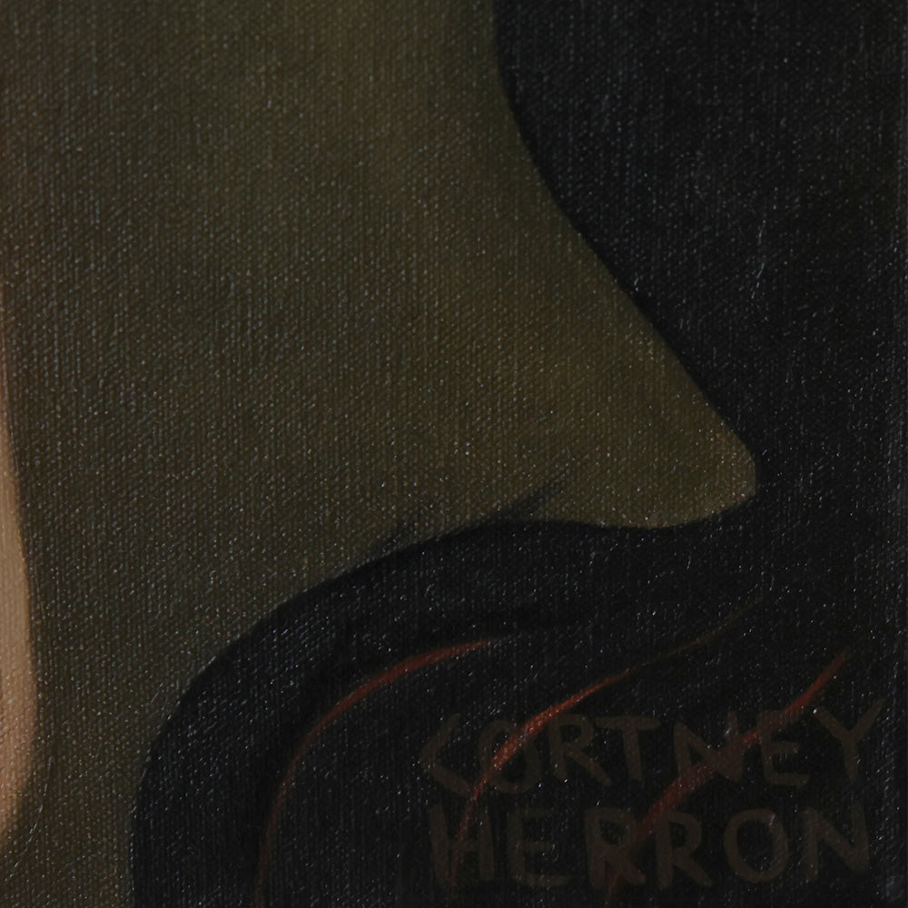 Detail view of the bottom right corner of an abstract painting with the artist name Cortney Herron in dark script