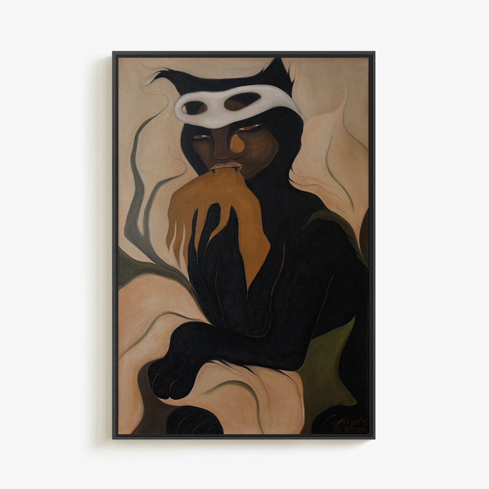 Painting titled The Being Within in a thin black frame featuring a stylized dark figure wearing a white mask
