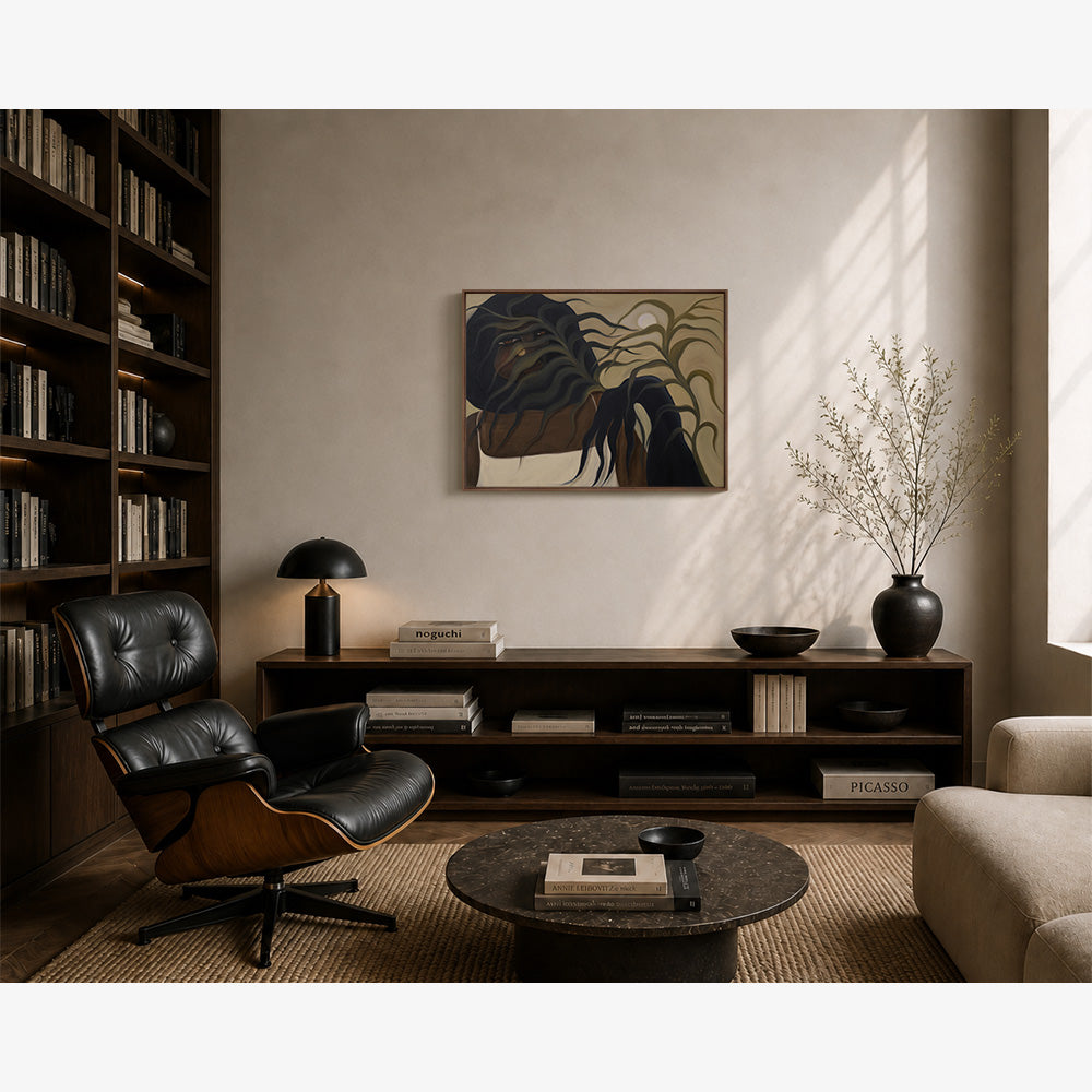 A modern living room featuring a framed painting The In Between hanging above a long wooden media console