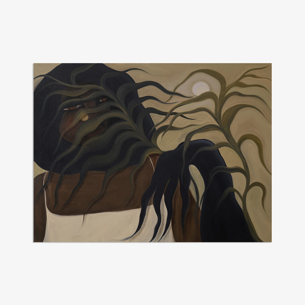 Painting of a person with dark hair partially obscured by foliage in muted earth tones against a beige background