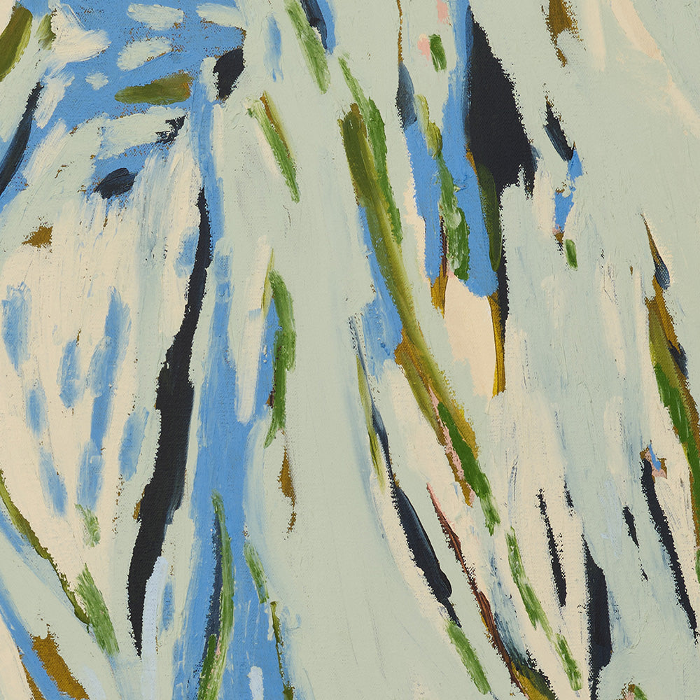 Close up view of an abstract painting with light blue and green strokes on a creamy background