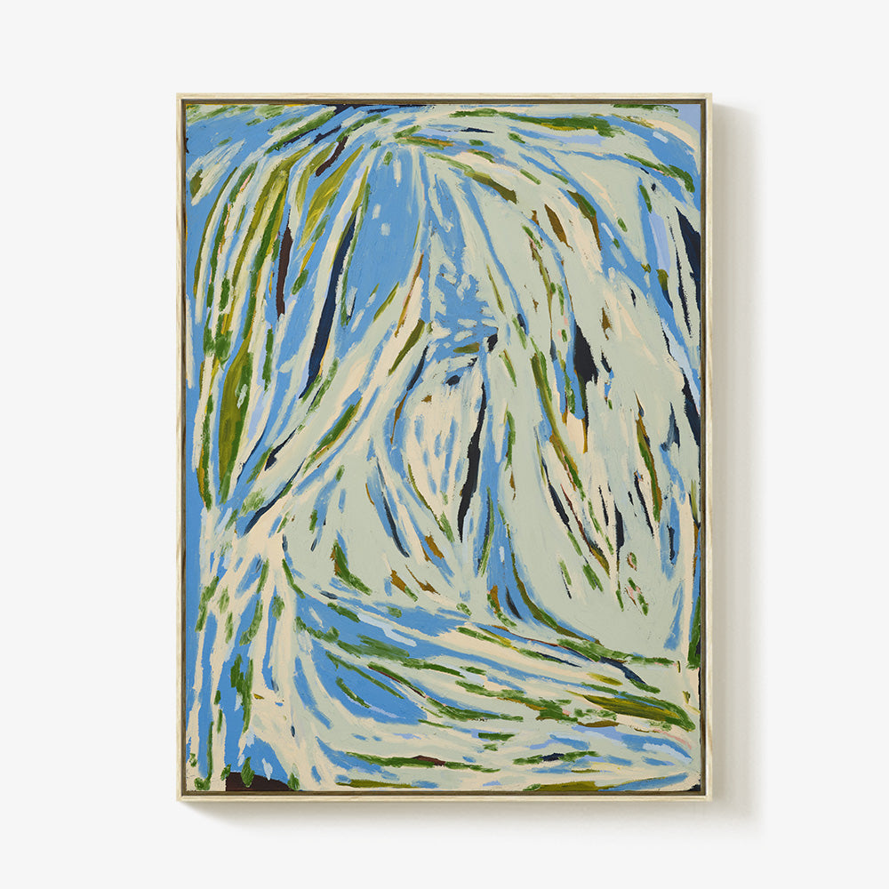 Abstract expressionist painting featuring energetic strokes of blue light green and dark brown in a gold frame