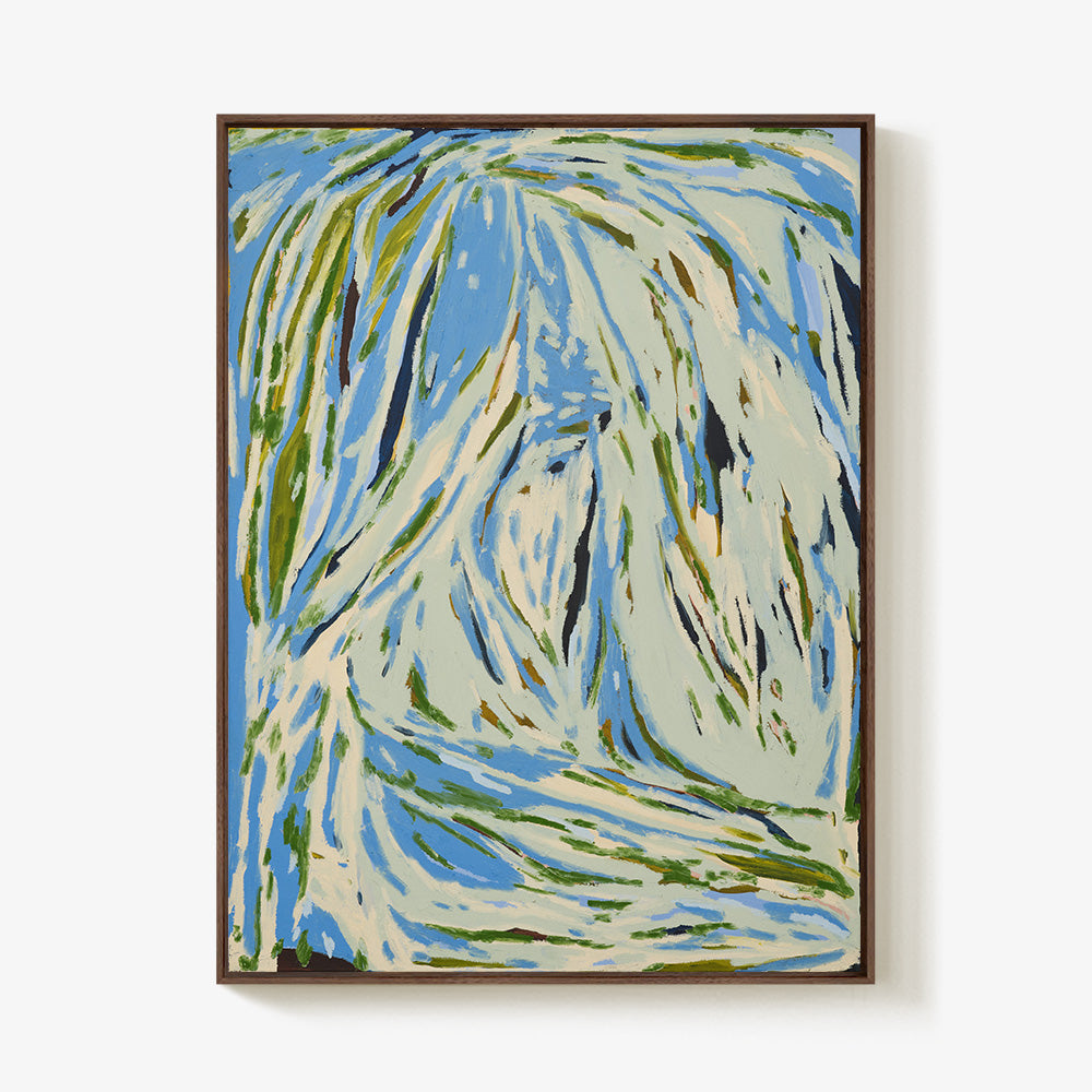 Abstract expressionist painting featuring energetic strokes of blue light green and dark brown in a dark wood frame
