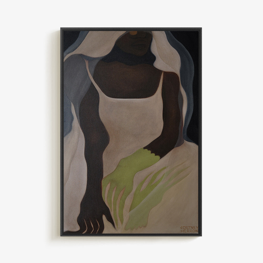 Painting of a dark-skinned figure wearing a white veil and dress with stylized green hands in a black frame