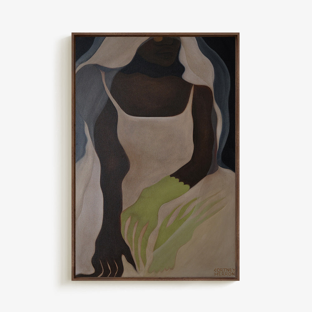 Painting of a woman in a flowing white veil and dress with green-tinted hands set within a dark wooden frame