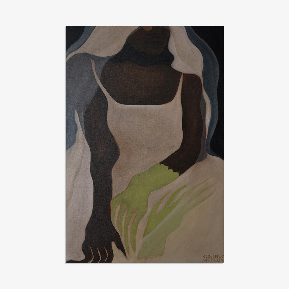Figure in a white veil and dress with distinct green hands depicted in a moody muted painting style
