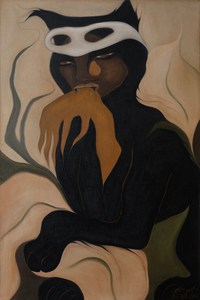 Close-up of The Being Within painting depicting a dark-skinned figure with a white mask and muted color palette