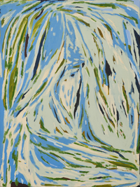 Close up detail of an abstract painting with textured blue light green and dark brown brushwork