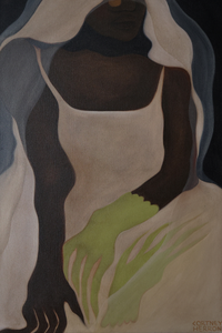 Vertical painting of a figure wearing a white veil and a simple dress with hands rendered in a light green shade
