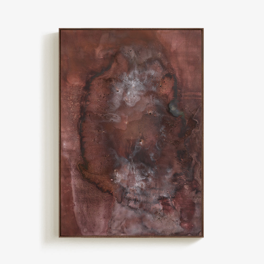 Abstract painting titled Theory of Further with deep reddish-brown and textured charcoal washes in a thin wooden frame