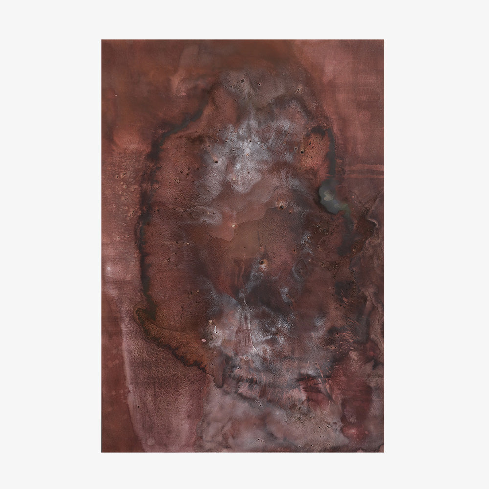 Abstract painting titled Theory of Further with deep reddish-brown and charcoal textures shown unframed