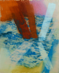 Abstract composition with bold thick brushstrokes in deep orange white and blue against a light background