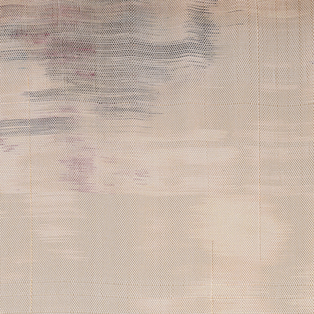 Detailed view of woven textile art displaying a fine grid-like texture and soft smudges of purple and grey
