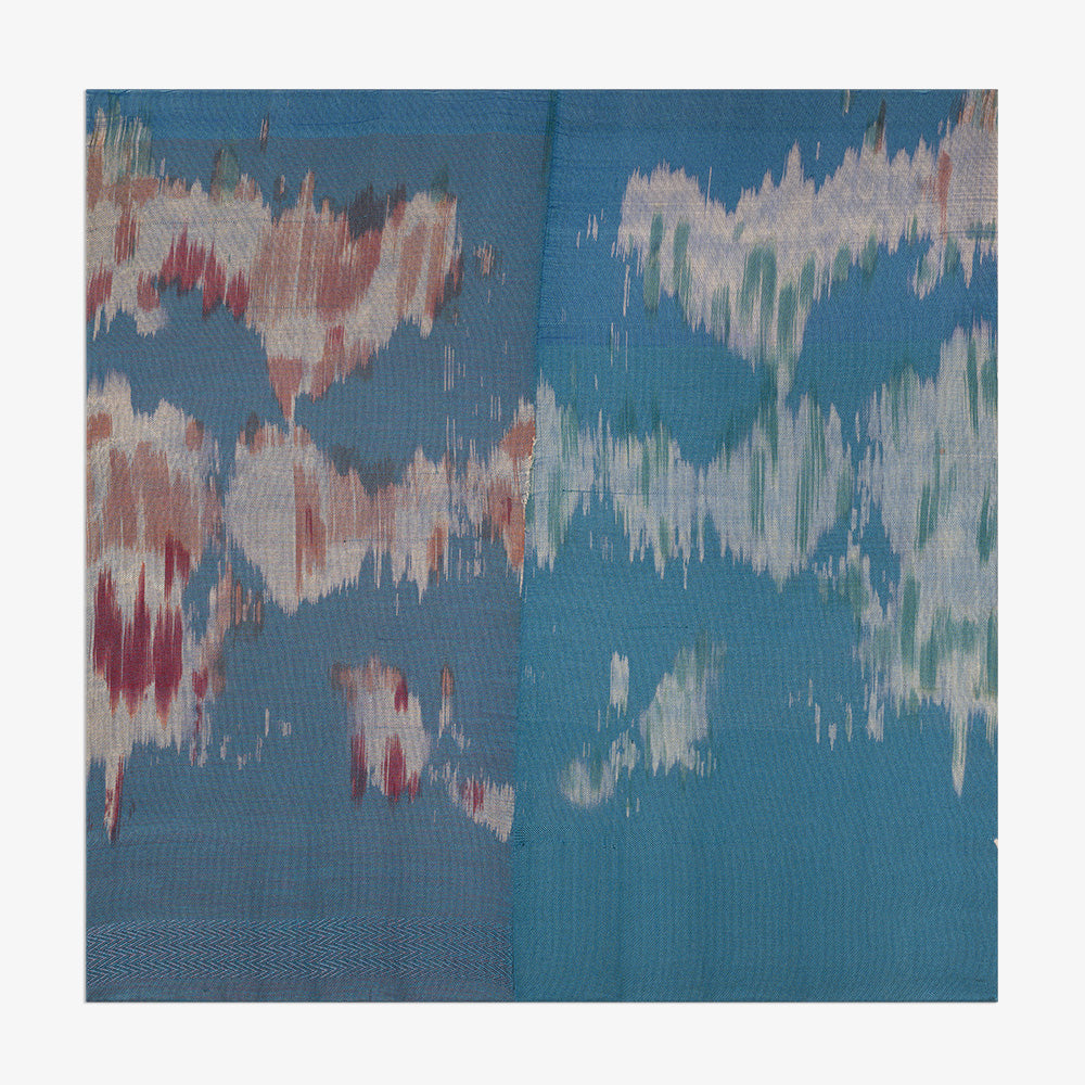 Textile art panel showcasing organic flowing patterns of blue grey and soft maroon with a subtle weave texture