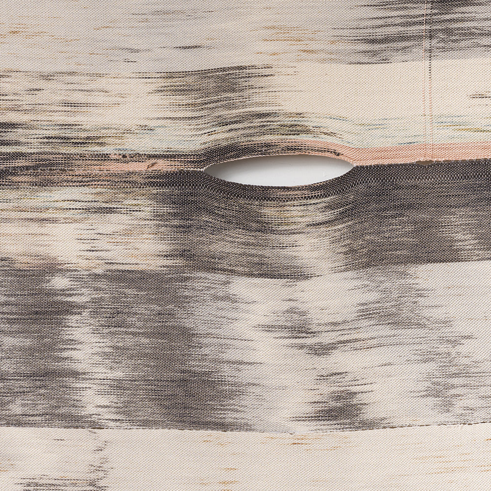 Textile wall art with beige gray and pale peach blurred horizontal bands featuring a small central slit opening