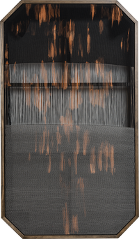 Vertical wall hanging in a dark wood frame featuring a black fabric background with copper vertical line accents
