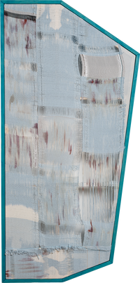 Asymmetric framed textile art in light blue with distressed fabric sections loose threads and frayed edges