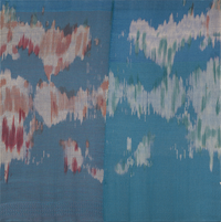 Square textile wall art featuring a blue ikat pattern with distressed white teal and maroon vertical lines