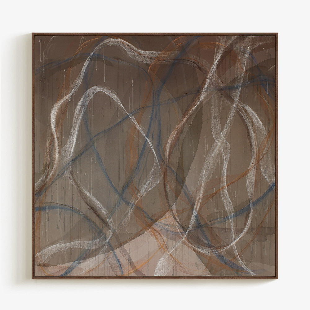 Abstract painting with a dark wood frame showing thin swirling white and blue lines over a textured brown field