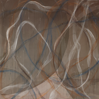 Abstract painting composition with ethereal white loops and subtle blue accents over a soft brown wash background